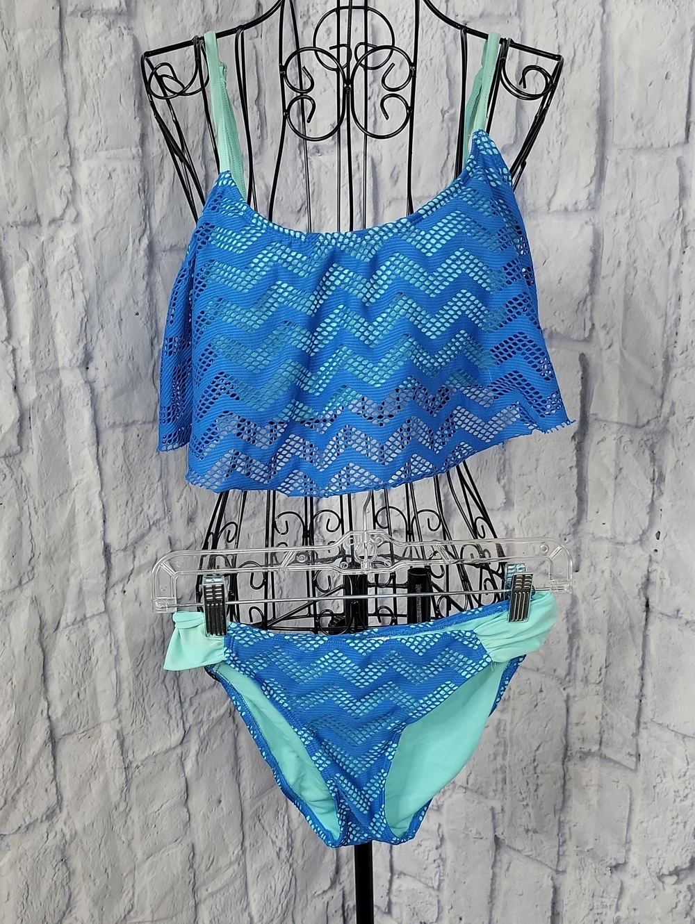 Hula Honey Blue Chevron Lace Mesh Flyaway Tankini Swimsuit Set Large